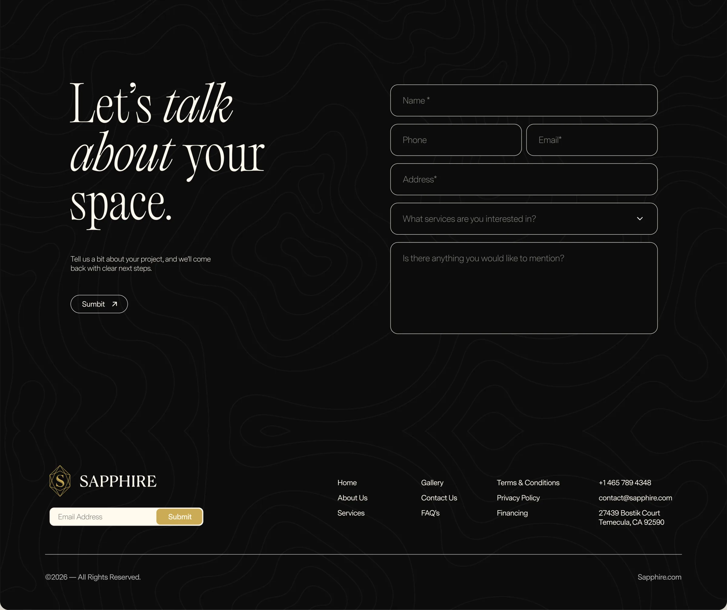 Sapphire contact form and footer