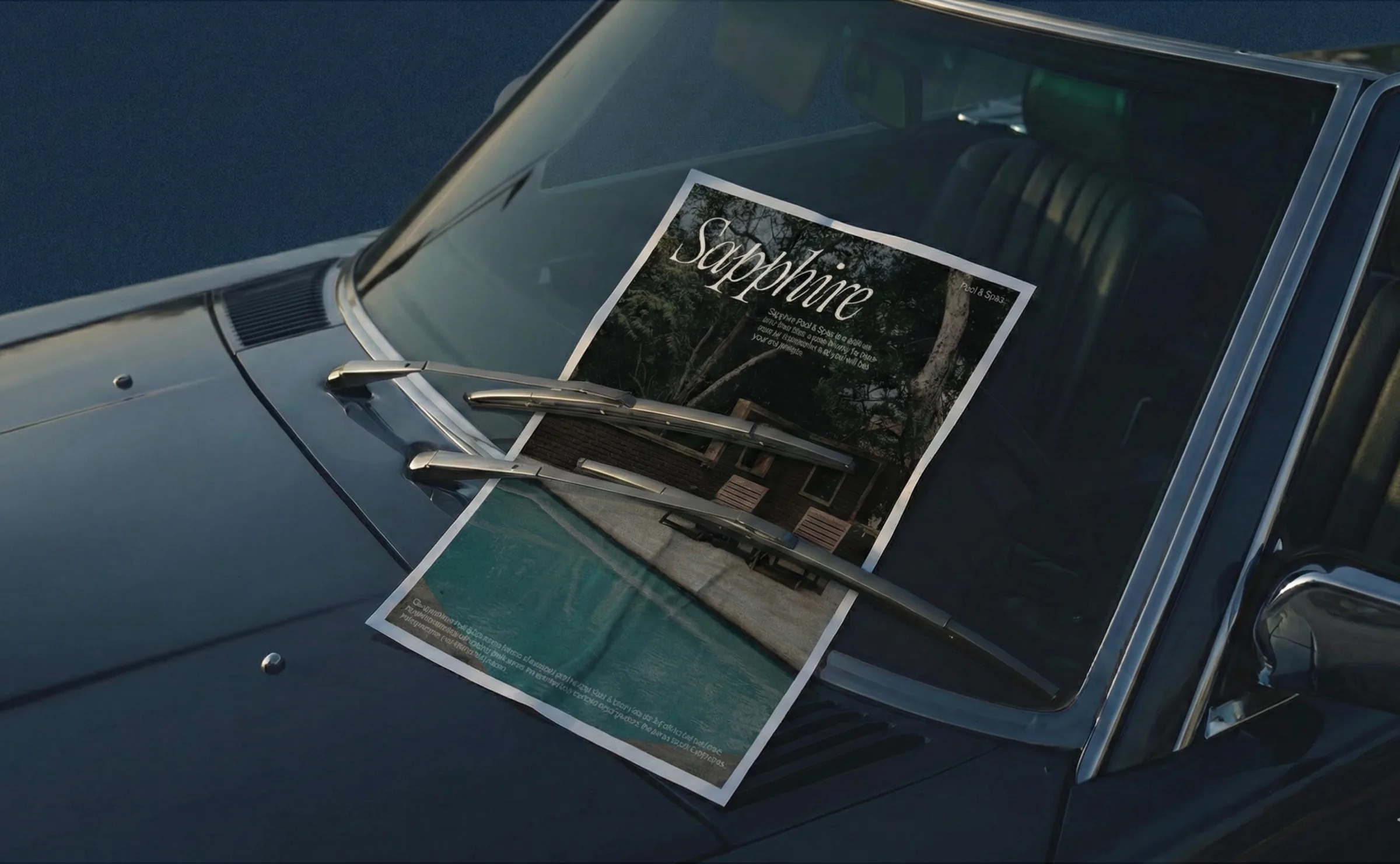 Sapphire editorial lookbook displayed beneath a classic car windshield wiper