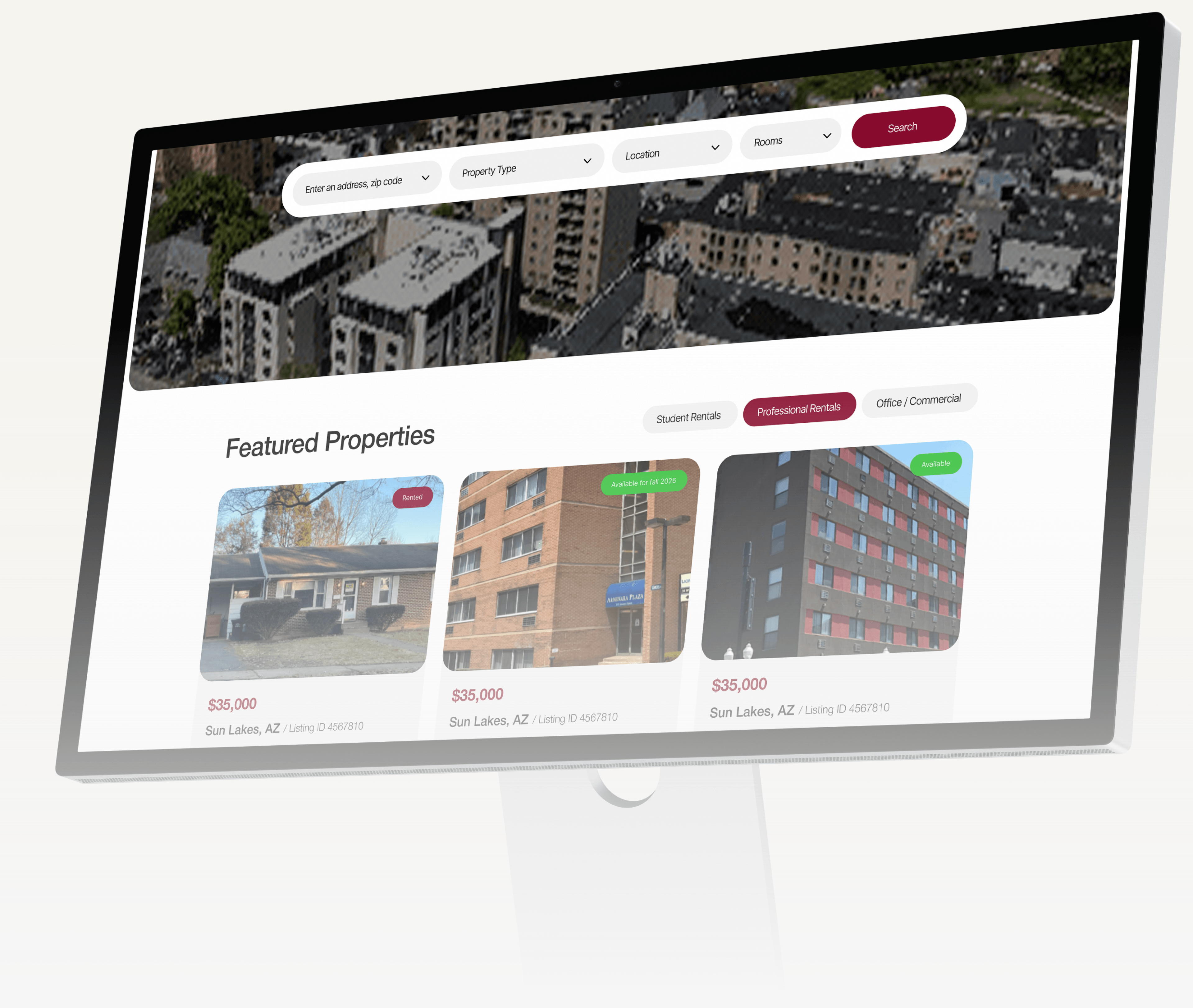 The redesigned ARPM property search displayed on a Mac Studio monitor