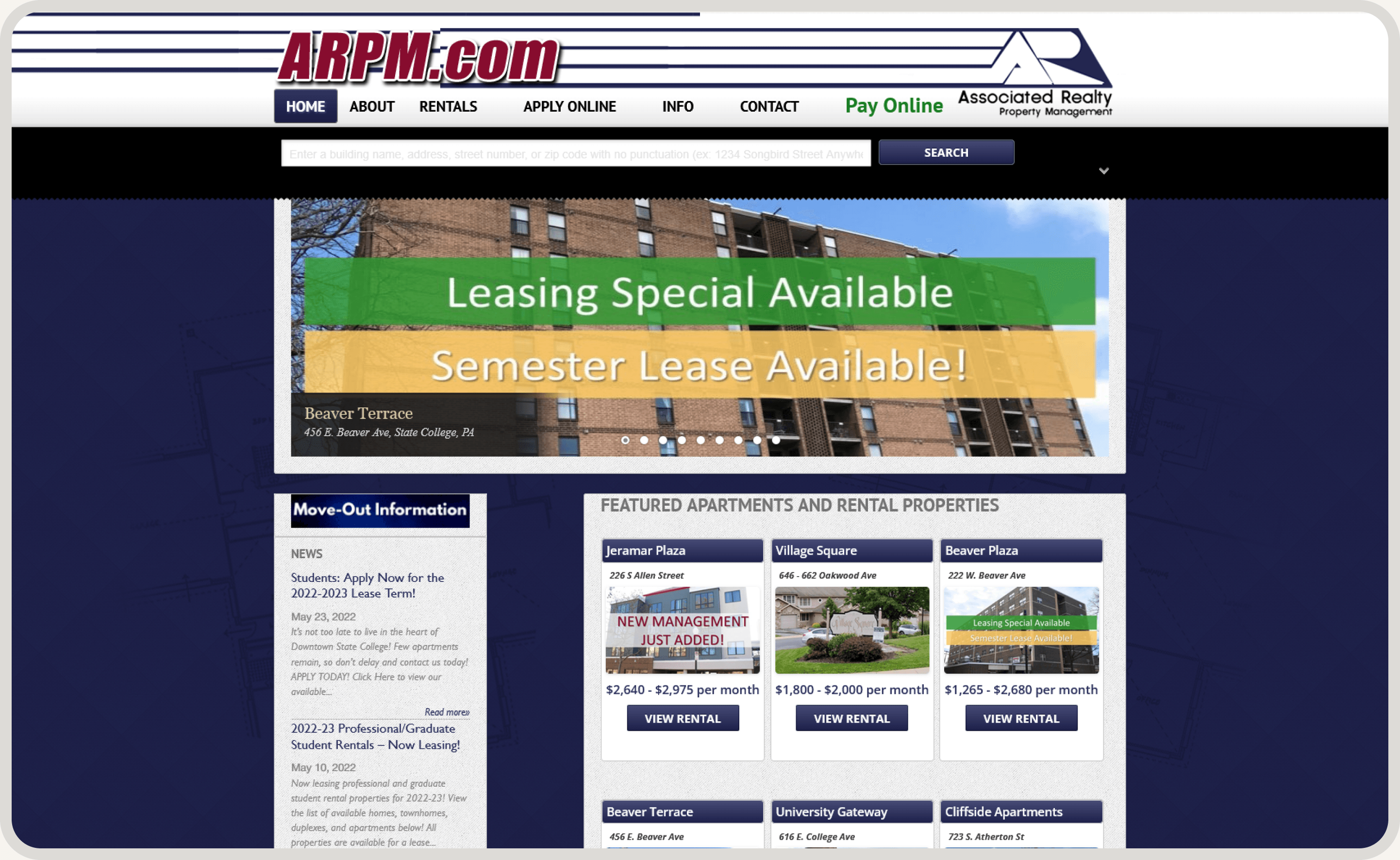 The upper portion of ARPM's legacy rentals website