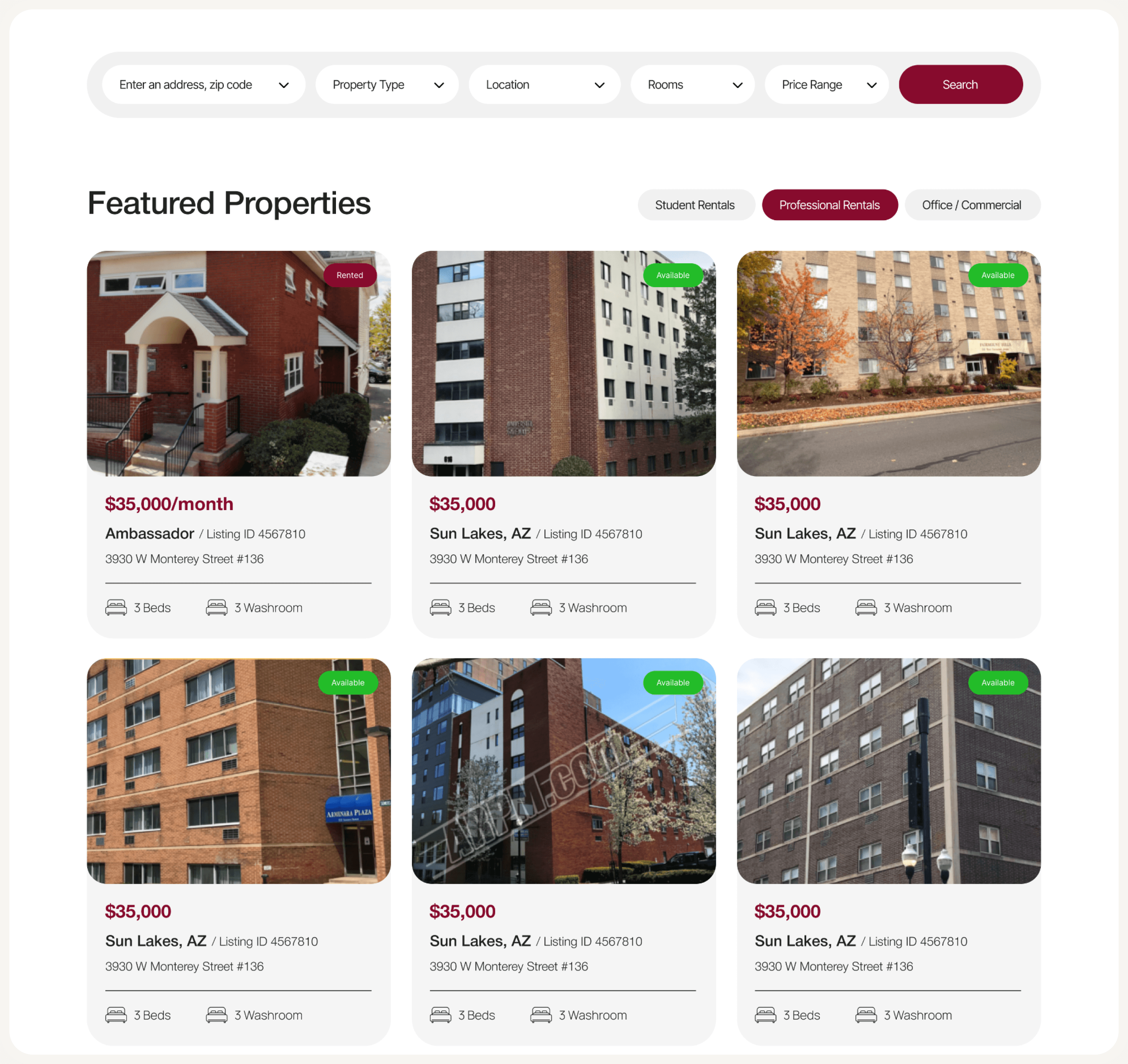 The redesigned ARPM property search showing honest filters and available inventory