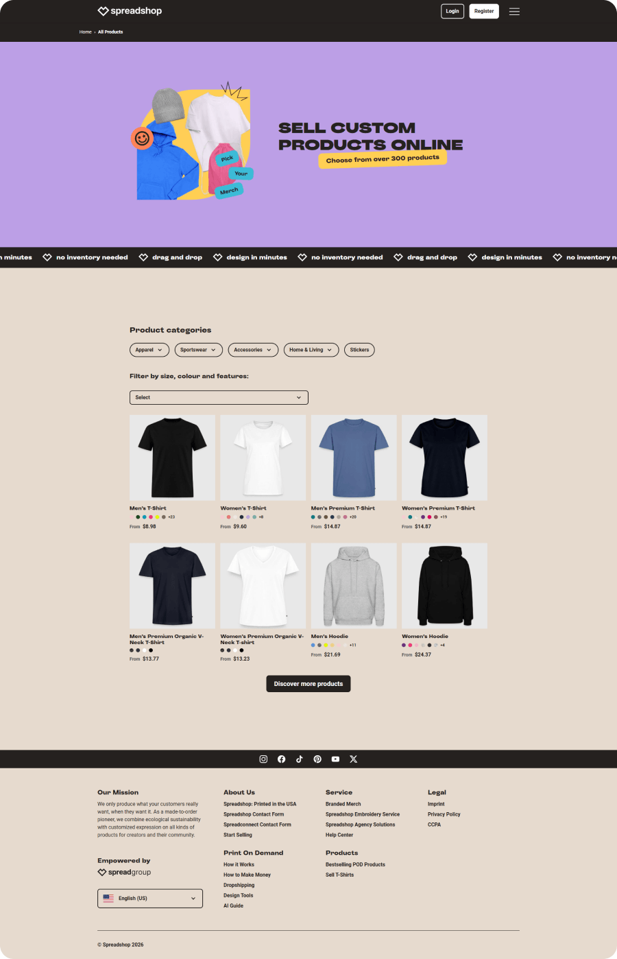 Spreadshop Products page