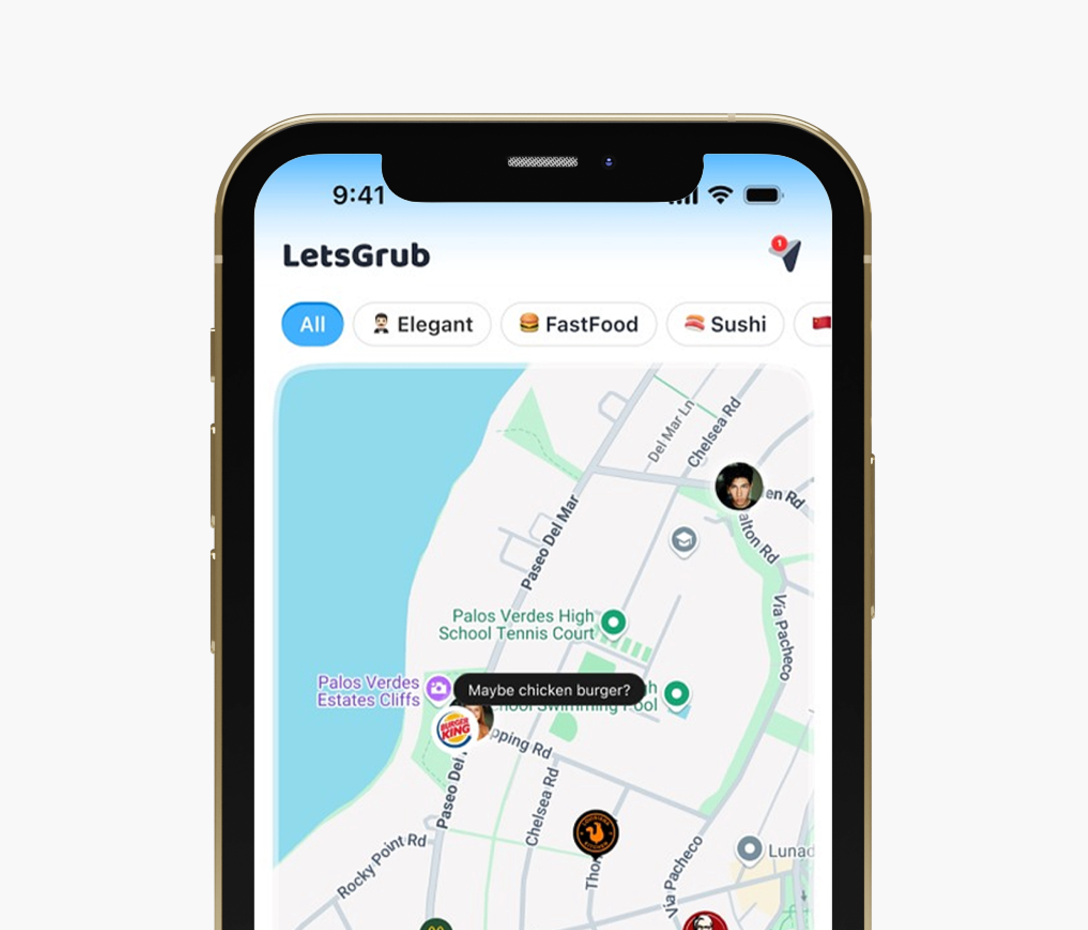 Let's Grub mobile map interface shown inside a phone mockup